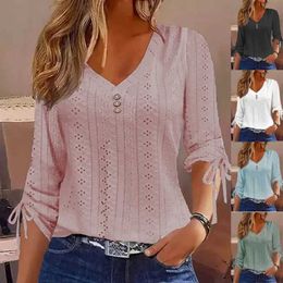 Vrouwen T-shirt Nieuwe Solid Lange Mouw AutumnWinter Jacquard Knop VNeck Tees Casual Losse T-shirt Tops Voor Vrouwen SXL