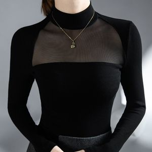 Camiseta de mujer, camiseta de malla transparente con parches, camisetas negras elásticas de manga larga para otoño e invierno para niñas, camisetas para mujer 221124