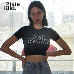 Dames t -shirt pixiekiki brief crop tops zwarte y2k streetwear sexy korte mouw strakke t -shirts voor vrouwen baby tee 90s p71bz11 230510