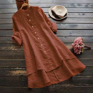 Dames t -shirt plus size dames tops blouses herfst losse knop met lange mouwen shirt jurk blouse casual solid line tuniek top 230131
