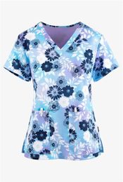 Dames t -shirt bedrukte verpleegkundige uniform bloemen vrouwelijke shortsleeveved werk struikgewas cartoon bedrukt shirt verpleegkunde top 230510