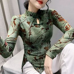 T-shirt Femme S3XL Vintage Mesh T-shirt Top Femme À Manches Longues Flocage Style Chinois Col Floral Haute T-shirts Extensibles Pour Femmes 221124
