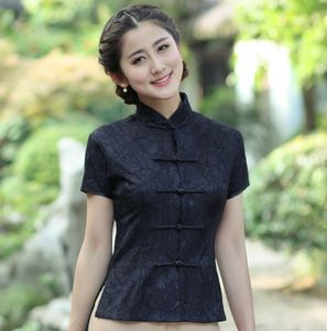 TShirt femme Sexy dentelle noire été chemisier à manches courtes chinois Vintage bouton chemise col Mandarin vêtements M L XL XXL XXXL 25201 230131