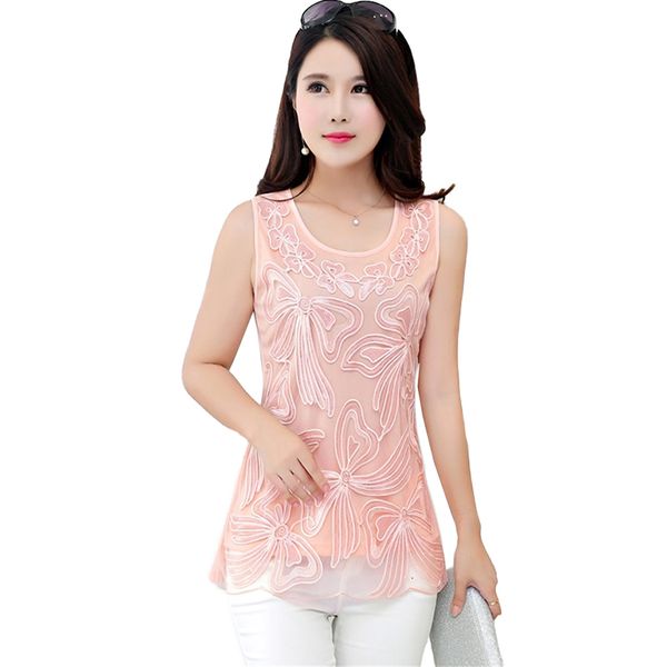 Camiseta de mujer Chaleco sin mangas Blusa de gasa Camisa de retazos de encaje Señoras Mediumlong Tops Lentejuelas Verano Mujer Tallas grandes Camisas elegantes A2758 230131