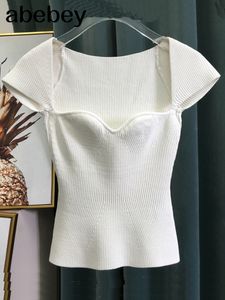 Dames t -shirt lente sqaure kraag mouwloze breien pullover slanke korte hoge taille top vrouwelijke tank wk69001L 230206