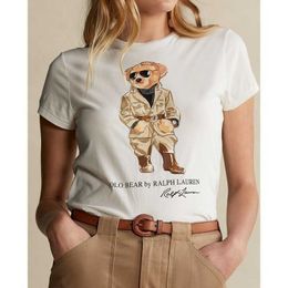 T-shirt à manches courtes et col rond pour femme, vêtement d'été en pur coton imprimé petit ours, motif de dessin animé, marque tendance
