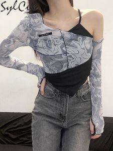T-shirt femme Sylcue maille asymétrique Yamamoto manches Sexy mignon pente cou volants mode automne culture hauts Chic 230311
