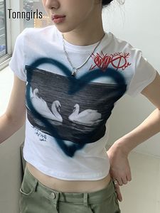 Camiseta para mujer Tonngirls Grunge Top Y2k, camisetas gráficas de manga corta, ropa informal corta blanca, camiseta de estilo coreano de verano 230206