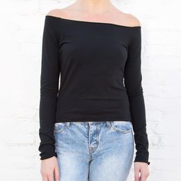 T-shirt Femme Vintage Solid Slim Tshirt Femmes Automne Sexy Épaule À Manches Longues Tee Femme Rétro Streetwear Coton T Tops 230214