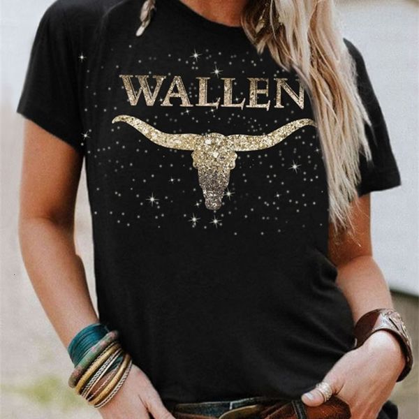 Camiseta de mujer Ropa de moda occidental Cráneo de vaca Camisetas gráficas Steer Head Glitter Print Shirts Summer Tee Streetwear Loose Bull Horn Tribal 230301