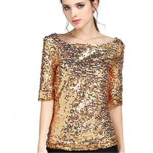 Dames t -shirt dames blouses zomer mode sexy lovertjes geborduurde halve mouw dame tops los casual shirt gold blusas plus size 5xl 230131