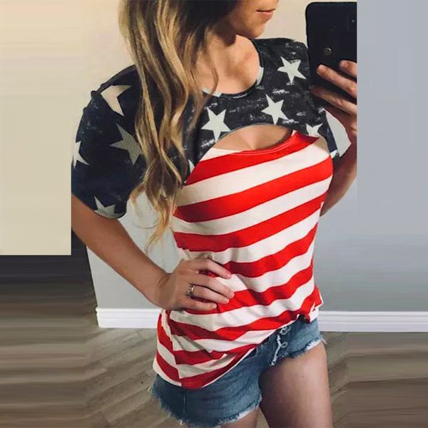 TShirt Femme Sexy Creux Drapeau Américain Imprimer À Manches Courtes Casual Summer Blouse Slim Tops Haute Qualité Vêtements Pour 230510