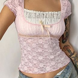 T-shirt femme Y2k rose garniture haut court nœud mignon doux t-shirt femmes rétro à manches courtes dentelle patché été t-shirt coréen coquette esthétique 230206