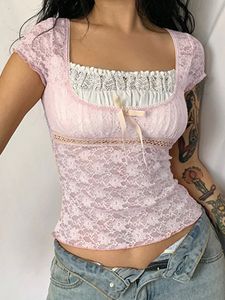 Tshirt pour femmes y2k rose garniture crop top arc
