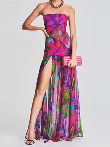 Dames Tube Top Dress Boheemse print Leopard Strapless Mesh High Slit Long Dress Summer Beach Sexy Club Jurken 240415