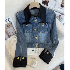 Veste en jean denim à col rabattu pour femme, manteau court à simple boutonnage, SMLXLXXL