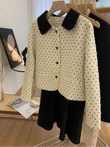 Veste à pois col rabattu pour femme motif à pois automne manteau court en laine tweed SMLXL