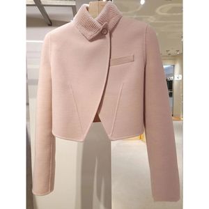 Dames turn-down kraag lange mouwen roze kleur wollen asymmetrische jas korte jas XSSMLXL