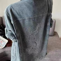 Femme Turn Down Collar Loose Palazzo Back Rhinestone Lettre patchwork Jeans décontracté Jacket Smlxl