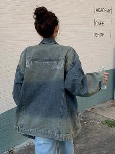 Femme col rabattu ample palazzo dos strass lettre patchwork jeans décontractés manteau veste SMLXL