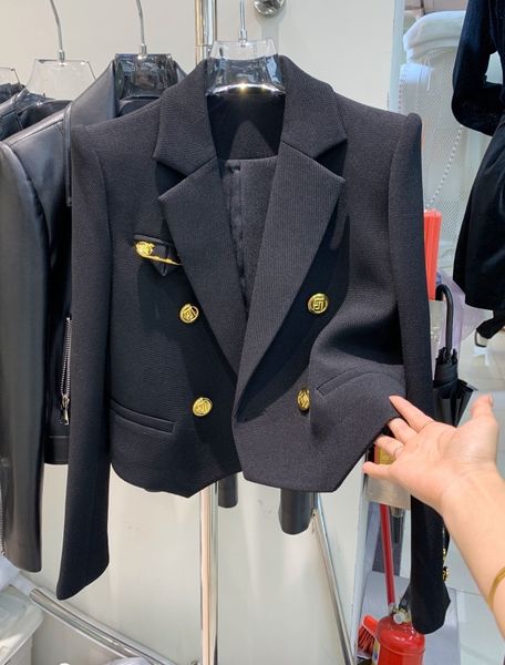 Blazer court à double boutonnage pour femme à col rabattu et patché SMLXL