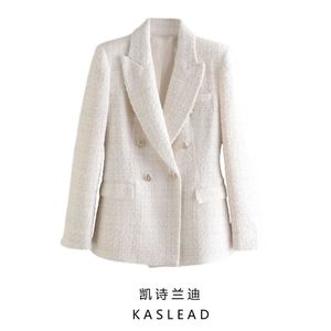 Wollen jas met kraag en dubbele rij knopen, slanke taille, verdikking tweed casacos XSSML voor dames