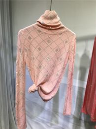 Pull en tricot à col roulé pour femme tops géométriques à strass