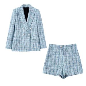 Tweedelig tweed damesbroekpak van wollen blazer met kraag en korte broek, twinset XSSML