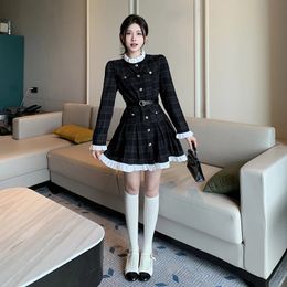 Женское твидовое плиссированное мини-платье осень с длинным рукавом в корейском стиле однобортное с рюшами модные офисные женские винтажные платья 240112