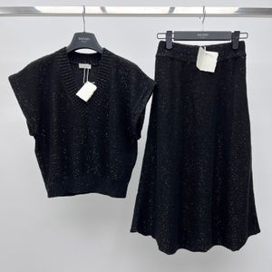 Tweedelige damesjurk Europees modemerk zwart linnen kasjmiermix full body pailletten korte mouwen met midi rok gebreide set