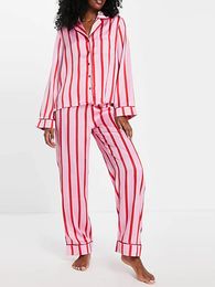 Pantalon deux pièces pour femmes 2 ensemble de pyjama imprimé rayé chemise à manches longues élastique pour vêtements de détente vêtements de nuit doux vêtements de nuit costume de maison 231218