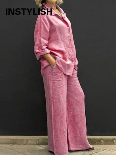 Conjunto de dos piezas de camisa de solapa de lino de otoño para mujer Blusa con botones de manga larga sólida vintage y pantalones rectos sueltos Trajes casuales 230314