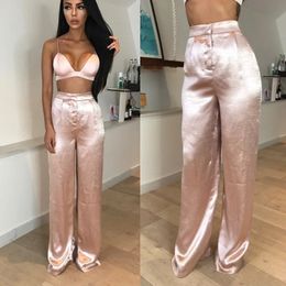 Femmes deux pièces pantalon élégant Mature Satin ample solide haut court soutien-gorge nu jambe large pantalon ensemble 231219