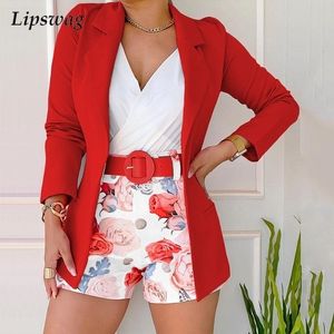 Femmes Deux Pièces Pantalon Élégant Motif Imprimer Commute Costume Mode Col En V Court Combinaisons Blazer Manteau Ensemble Dames Printemps Casual Party Outfit 230224