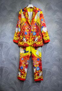 Tweedelige pant -Europese ontwerper 2023 herfst nieuwe polo kraag print jas met broeken set