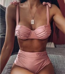 Tweede stuk pant High Tailed Bikini Set voor dames Set met push -up beha badkleding Roze Summer Beach 230322 230322