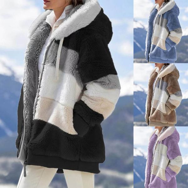 Femmes deux pièces pantalon à capuche vestes hiver polaire chaud fermeture éclair décontracté patchwork manteaux mode lâche fausse fourrure Parka cordon 230204