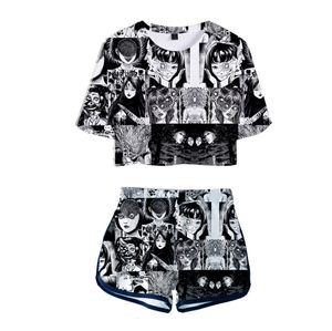 Tweede stuk pant -outfits voor dames horror strip Junji Ito 3D Print 2 Set crop top en shorts tracksuit voor vrouwen sets cosplay kostuum 230322