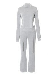 Tenue pantalon deux pièces pour femmes, manches longues, col haut, dos nu, cordon de serrage, ensemble sweat-shirt court et survêtement évasé, 221130