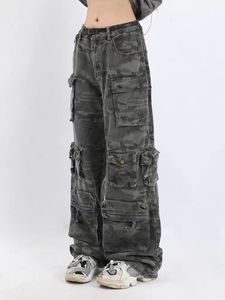 Dames tweedelige broek s 2023 Amerikaanse stijl retro straat camouflage overall hiphop gebakken wijde pijpen casual broek hoge ins Y2K 230519