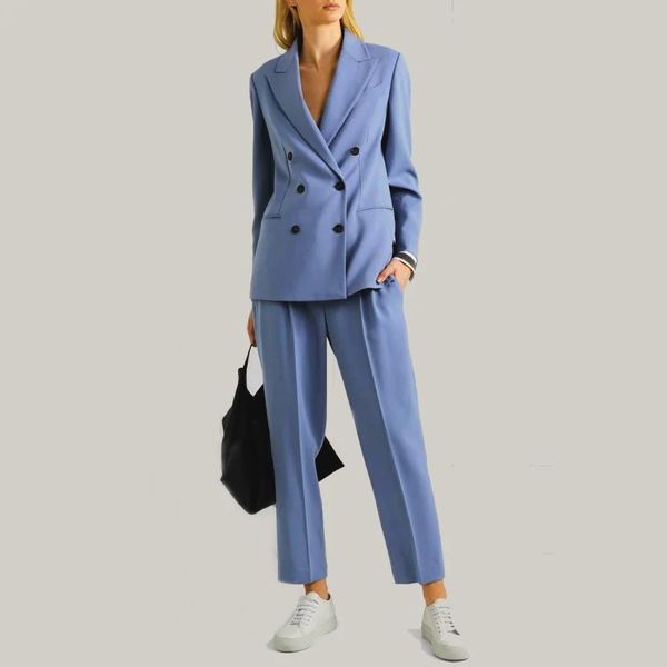 Blazer et pantalon de deux pièces pour femmes ensemble fin laine peignée bleu double boutonnage mince décontracté pour costume professionnel haute qualité dame 231206