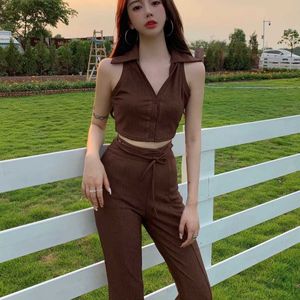 Dames Sweed Pant Solid Sexy Y2K S Sets Summer Strapless Slim Camisole Wide Been Long Streetwear Suits 230303