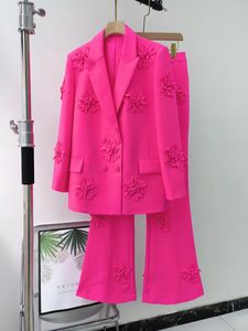 Tweedelige broekpak voor dames, kraag, voorjaarsjack, volledige lengte, fuchsiakleurige jas, modestijl, micro uitlopende broek, bloempakkensets, 2 stuks op voorraad 231206