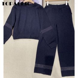 Pantalon deux pièces pour femmes, ensemble TOPACHIC confortable en cachemire tricoté avec chaîne de perles, pull ou taille élastique, jambes larges, 10.14