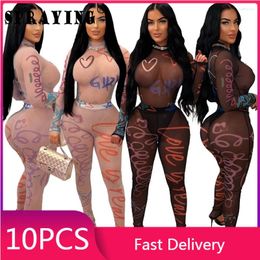 Tweedelige broek van dames 10 tracksuits 2024 Bodysuit met lange mouwen Legging bulk items groothandelspartijen mesh printset dames outfits S13236