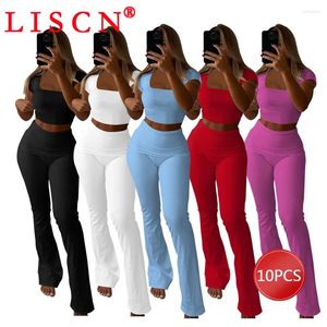 Tweedelige broek van dames 10 Wholesla -items LOTS PACTIJTEN 2024 RIBBED GEBREIDE SET Dames Outfits Kort Mouw Crop Top Flare Pant K13331