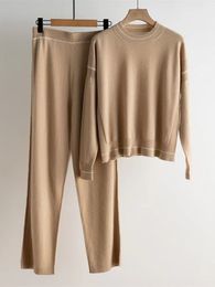 Pantalon deux pièces pour femme 100 costume en tricot de cachemire taille élastique droite longue ou à manches longues col rond pull simple ample pour femme 230313
