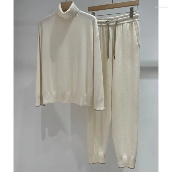 Pantalones de dos piezas para mujer 12,13 jersey de manga larga con cuello alto de Cachemira pura o conjunto de punto cómodo con cordón para mujer