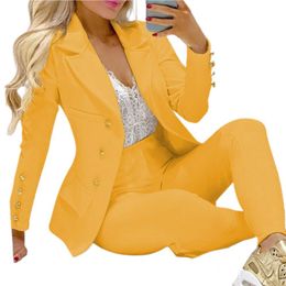 Tweedelige broek van dames 2 pc's/stel fantastische enkelbeen met een borde enkelbandbroekpak High Taille Lady Business Suit Turn Down Collar voor werk 230330