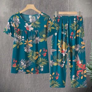 Tweedelige broek van dames 2 pc's/set oma zomer pyjama's o nek elastische taille losse dun slapende breedbeen bloem afdrukken halverwege de leeftijd nacht